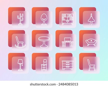 Set line Lamp hanging, Furniture nightstand with lamp, Office desk, Chest of drawers, Round table, Library bookshelf, Coat and Armchair icon. Vector