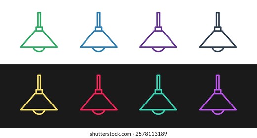 Set line Lamp hanging icon isolated on black and white background. Ceiling lamp light bulb.  Vector