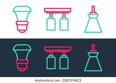 Set line Lamp hanging, LED light bulb and Led track lights and lamps icon. Vector