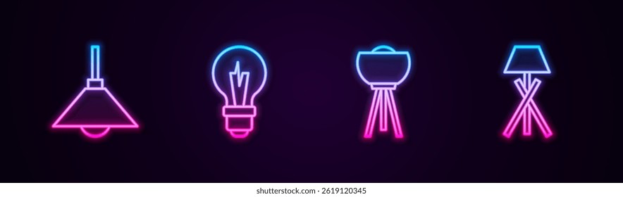 Set line Lamp hanging, Light bulb, Floor lamp and . Glowing neon icon. Vector