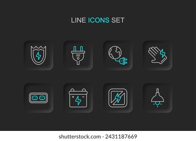 Lámpara colgante, sin rayo, batería del coche, toma de corriente eléctrica, guante, planeta de energía global con enchufe, y el icono del rayo y del escudo. Vector