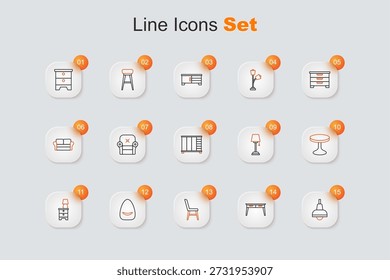 Colgante de la lámpara, escritorio de oficina, silla, puf, mesita de noche de los muebles con la lámpara, mesa redonda, icono del piso y del guardarropa. Vector