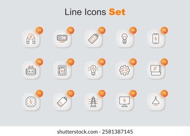 Set line Lamp hanging, Smart Tv, Electric tower line, Battery charge, Lightning bolt, Book about electricity, Electrical outlet and Creative lamp light idea icon. Vector