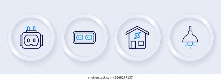 Definir linha Lâmpada pendurada, casa inteligente, tomada elétrica e T plug ícone elétrico. Vetor