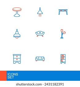 Set line Lamp hanging, Sofa, Furniture nightstand, Floor lamp, Office desk and  icon. Vector