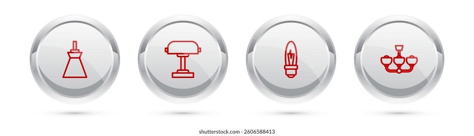 Set line Lamp hanging, Table lamp, Light bulb and Chandelier. Silver circle button. Vector