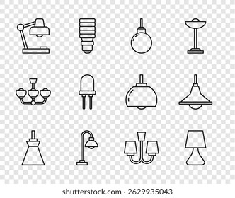 Set línea Lámpara colgante, lámpara de mesa, piso, diodo emisor de luz, candelabro e icono. Vector