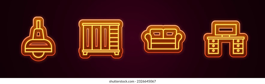 Ajuste la lámpara en la línea, el armario, el Sofá y el escritorio. Icono de neón brillante. Vector