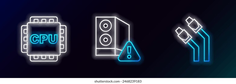 Set line LAN cable network internet, Processor with CPU and Case of computer icon. Glowing neon. Vector