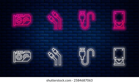 Set line LAN cable network internet, USB cord, Video graphic card and Optical disc drive. Glowing neon icon on brick wall. Vector