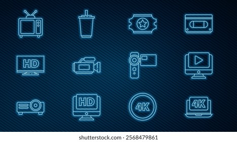 Set line Laptop with 4k video, Online play, Cinema ticket, camera, Smart display HD, Retro tv,  and Paper glass water icon. Vector