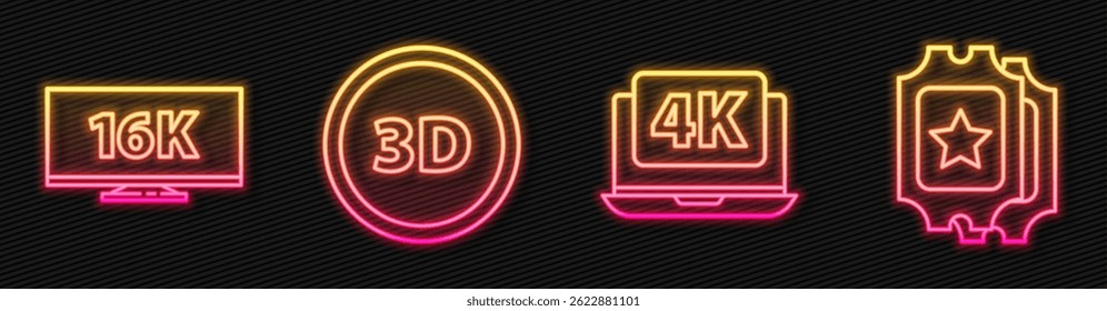 Set line Laptop with 4k video, Screen tv with 16k, 3D word and Cinema ticket. Glowing neon icon. Vector