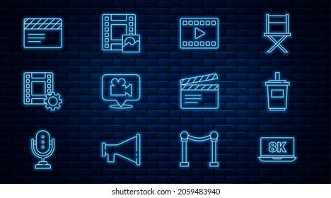 Set line Laptop with 8k, Paper glass water, Play Video, Camera and location, Movie clapper,  and  icon. Vector