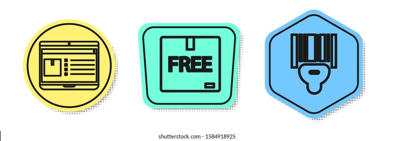 Set line Laptop with app delivery tracking , Cardboard box with free symbol  and Scanner scanning bar code . Colored shapes. Vector