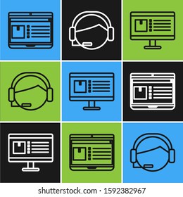 Set line Laptop with app delivery tracking , Computer monitor with app delivery tracking  and Support operator in touch icon. Vector
