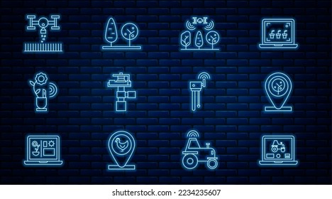 Ajuste la aplicación de portátil de línea para granja inteligente, ubicación y árbol, inteligente con drones, rociadores automáticos de riego, tecnología de cultivo, señal wi-fi de enrutador e icono Árboles. Vector