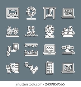 Aplicación portátil para granja inteligente, aspersores de riego automático, cinta transportadora con caja, dron inteligente, árboles, huevos de incubadora y pollo e icono de ubicación. Vector