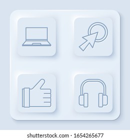 Ajuste la línea Portátil, Cursor de flecha, Estilo de mano y Auriculares. Botón cuadrado blanco. Vector