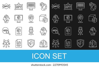 Set line Laptop with art store app, NFT Digital crypto, Binary code, Monitor,  and  icon. Vector