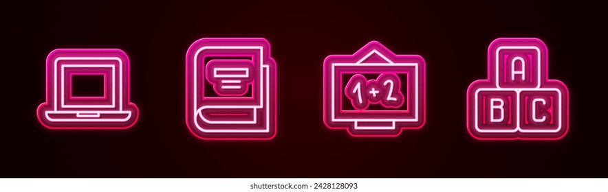 Set line Laptop, Book, Chalkboard and ABC blocks. Glowing neon icon. Vector