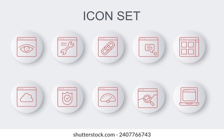 Ajuste la línea Portátil con ventana de navegador, transferencia de datos de tecnología en la nube, navegador, mercado de existencias de sitios web, incógnito, ajuste, escudo e icono del medidor de velocidad digital. Vector