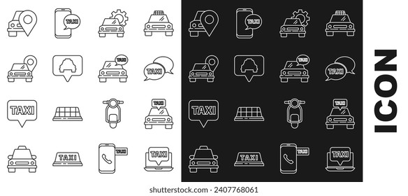 Set line Laptop call taxi service, Taxi car, telephone, Car, Map pointer with,  and  icon. Vector