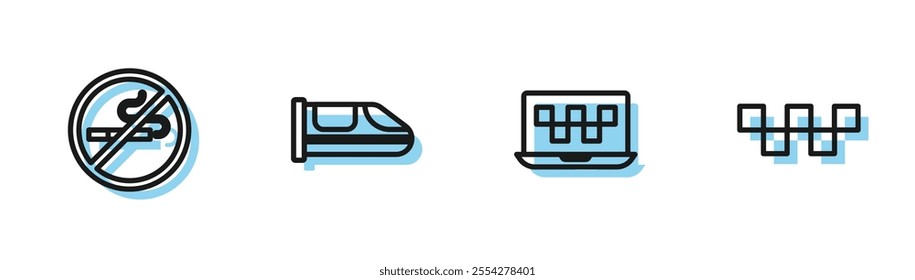 Set line Laptop call taxi service, No Smoking, High-speed train and Taxi car roof icon. Vector