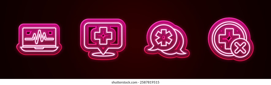 Set line Laptop with cardiogram, Map pointer cross hospital, Dialogue the doctor and Cross medical. Glowing neon icon. Vector