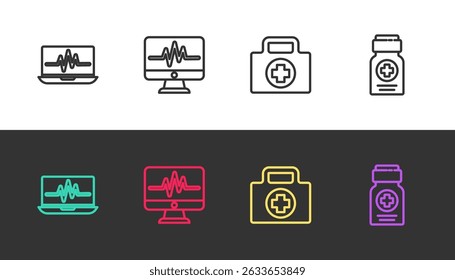 Set line Laptop with cardiogram, Monitor, First aid kit and Medicine bottle on black and white. Vector