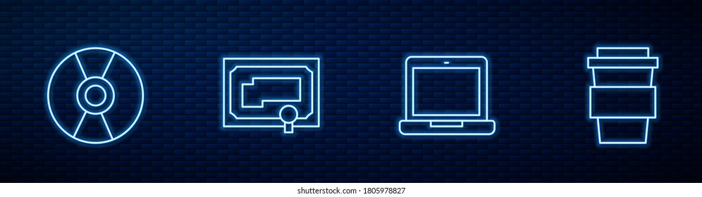 Set line Laptop, CD or DVD disk, Certificate template and Coffee cup go. Glowing neon icon on brick wall. Vector