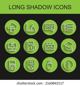 Configurar portátil de línea, plantilla de certificado, biblioteca en la nube o en línea, unidad flash USB, información, libro de audio, globo de cierre de graduación e icono de clase en línea. Vector