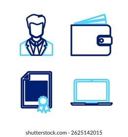 Set line Laptop, Certificate template, Wallet and User of man in business suit icon. Vector