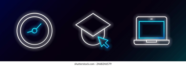 Set line Laptop, Clock and Graduation cap on globe icon. Glowing neon. Vector