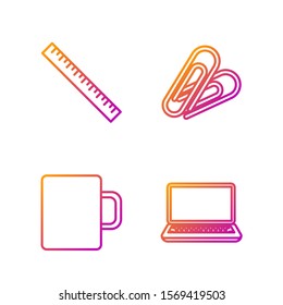 Set line Laptop, Coffee cup, Ruler and Paper clip. Gradient color icons. Vector