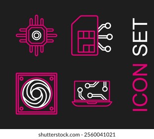 Set line Laptop, Computer cooler, Sim card and Processor icon. Vector