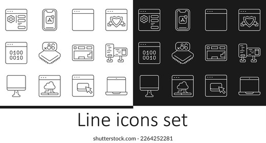 Set line Laptop, Computer monitor screen, Browser window, Processor with microcircuits CPU, Binary code, setting, Keyboard and Mobile Apps icon. Vector