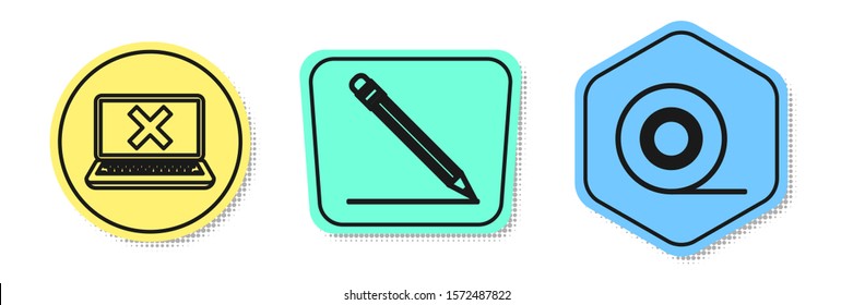 Set line Laptop and cross mark on screen, Pencil with eraser and line and Scotch. Colored shapes. Vector