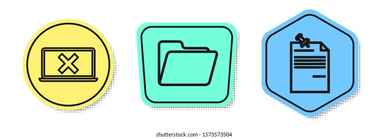 Set line Laptop and cross mark on screen, Document folder and Note paper with pinned pushbutton. Colored shapes. Vector