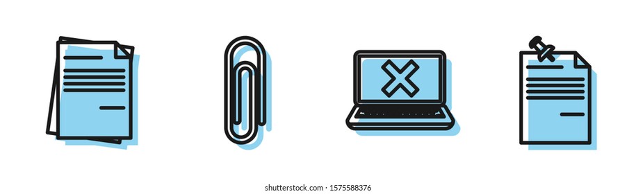 Set line Laptop and cross mark on screen, File document, Paper clip and Note paper with pinned pushbutton icon. Vector