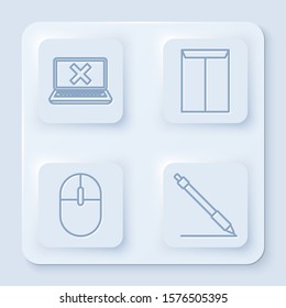 Set line Laptop and cross mark on screen, Envelope, Computer mouse and Pen line. White square button. Vector