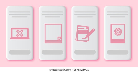 Set line Laptop and cross mark on screen, File document, Blank notebook and pencil with eraser and User manual. White rectangle button. Vector