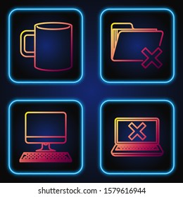Set line Laptop and cross mark on screen, Computer monitor with keyboard, Coffee cup flat and Delete folder. Gradient color icons. Vector