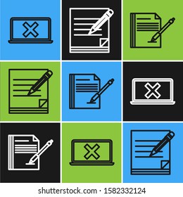 Set line Laptop and cross mark on screen, Blank notebook and pen and Blank notebook and pencil with eraser icon. Vector