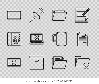 Set line Laptop and cross mark on screen, Delete folder, Document, Carton cardboard box,  and File document binder clip icon. Vector - Powered by Shutterstock - Get 15% off with code: PIKWIZARD15