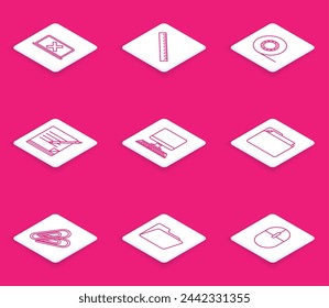 Set line Laptop and cross mark on screen, Ruler, Scotch, Blank notebook pen, Computer monitor with keyboard, Document folder, Paper clip and  icon. Vector