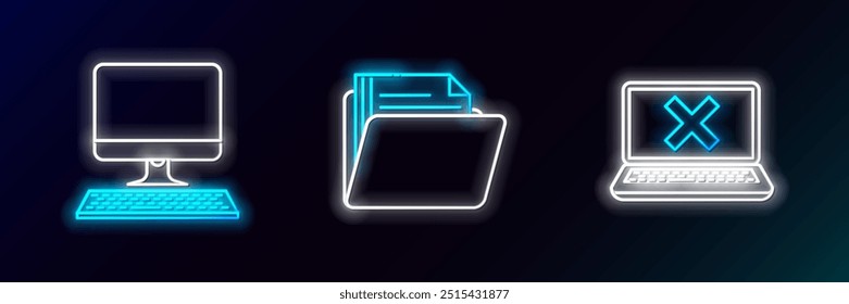 Set line Laptop and cross mark on screen, Computer monitor with keyboard and Document folder icon. Glowing neon. Vector