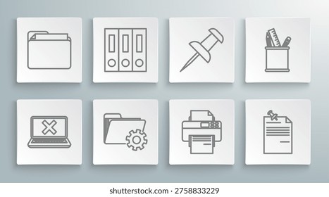 Set line Laptop and cross mark on screen, Office folders with papers documents, Folder settings gears, Printer, Note pinned pushbutton, Push, Pencil case stationery and Document icon. Vector