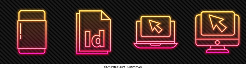 Set line Laptop and cursor, Eraser or rubber, ID File document and Computer monitor and cursor. Glowing neon icon. Vector