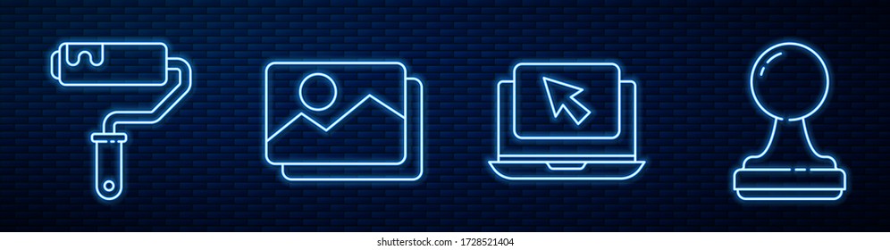 Set line Laptop and cursor, Paint roller brush, Picture landscape and Stamp. Glowing neon icon on brick wall. Vector
