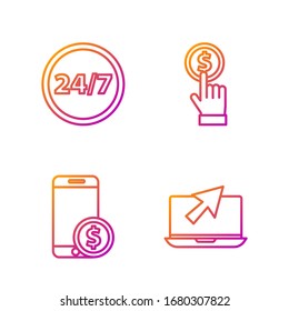 Set line Laptop and cursor, Smartphone with dollar, Clock 24 hours and Hand holding coin. Gradient color icons. Vector